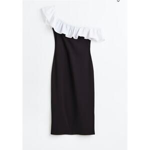 H&M Flounced Off The Shoulder Dress Sz M Black White Sheath Stretch Coquette